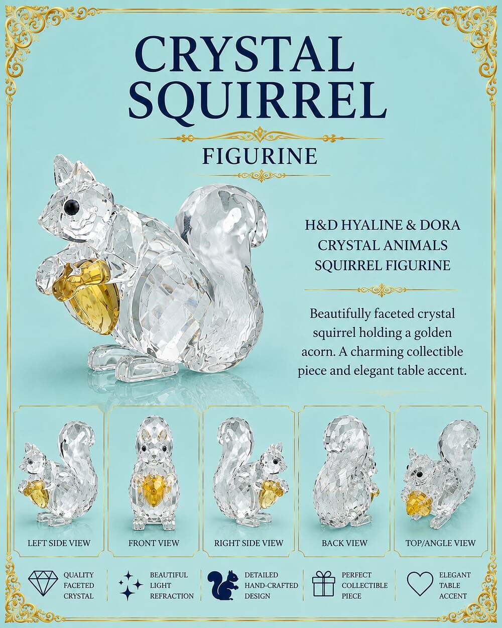 H&D Hyaline & Dora Crystal Squirrel Collectible Figurine with Golden Acorn